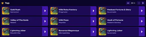 Sección “Top” con una lista de juegos destacados en tarjetas moradas, incluyendo Gold Rush, Wild Robo Factory, Medusa Fortune & Glory, Valley of The Gods, Wild Pops, Vault of Fortune, Lightning Joker y Bonanza Megaways con nombres de proveedores